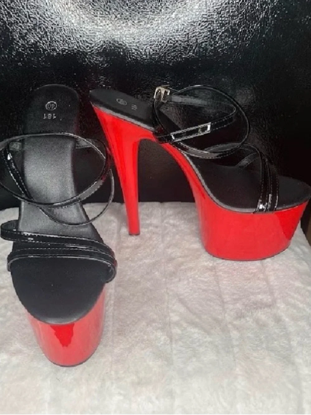 Black Strappy Platform Heels with Red Patent Platform